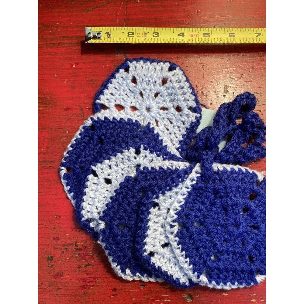 PURPLE CAT CRAFTS Handmade Crocheted Coasters Lot of 6 Blue White